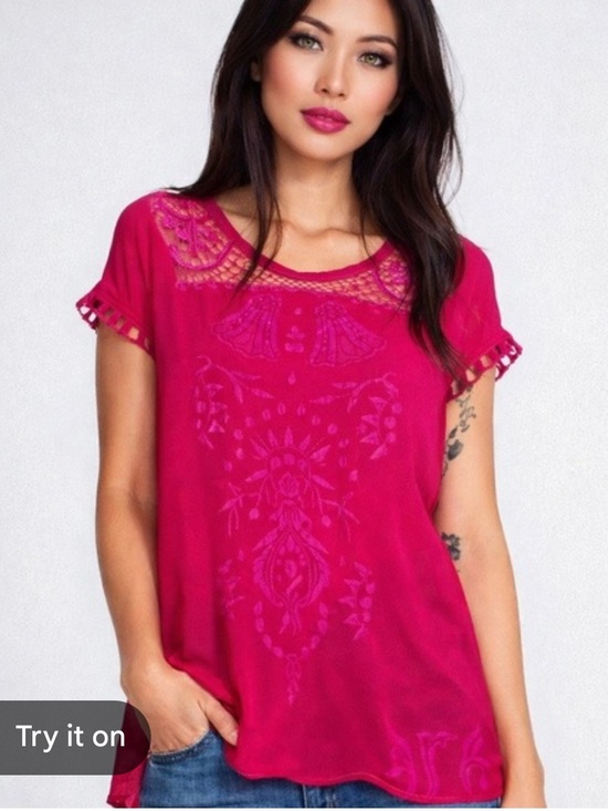 Johnny Was Tops - Johnny Was Pink Floral Embroidered Blouse Size XS Whimsical Boho
